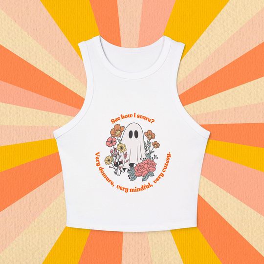 Discover Demure Women's Micro Rib Racer Tank Top, Halloween, Ghost