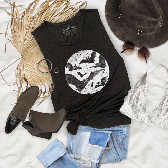Discover Vintage Full Moon Bats Design Flowy Festival Muscle Tank Top