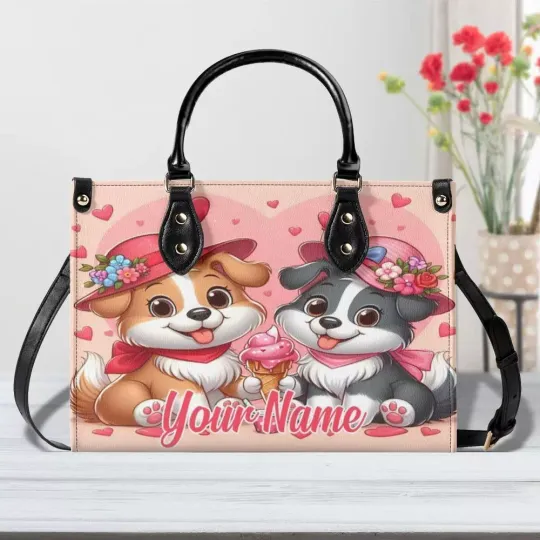 Personalized Cute Dog Valentine Day Luxury Women PU Leather Handbag, Valentine