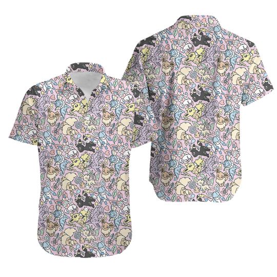 PKM Button Up Shirt, Eevee Evolution Hawaiian Shirt, 3D PKM Hawaiian Shirt