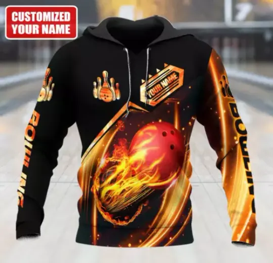 Discover Custom Name 3D All Over Print Fire Bowling Hoodie Men Women, Bowling Hoodie