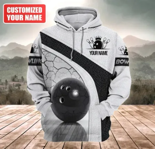 Custom Name 3D Bowling Shirt Black White Pattern, Bowling All Over Print Hoodie