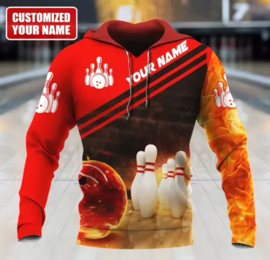 Discover Personalized Red Fire Bowling Hoodie, Men Custom Bowling Shirt
