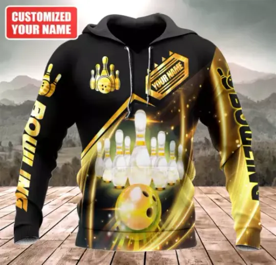 Personalized 3D All Over Printed Gold Bowling Shirt Hoodie For Bowling Team Bowling