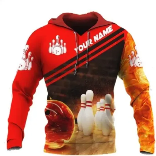 Personalized Red Fire Bowling 3D Hoodie, Men Custom Bowling Shirt