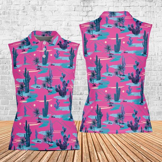 Pink Desert Cactus Golf Polo Shirt, Cactus Sleeveless Golf Shirt, Western Golf Polo Shirt For Golf Team, Women Polo Shirt For Golfers