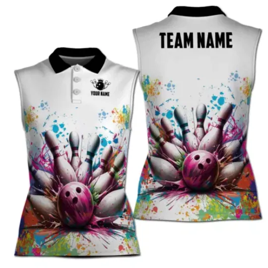 Discover Personalized Colorful Spatter Bowling Strike Bowling Women Sleeveless Polo