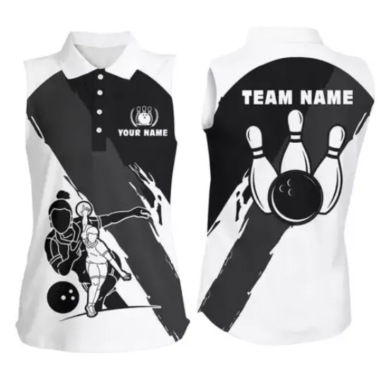 Discover Personalized 3D Bowling Shirts For Women, Custom Black White Sleeveless Polo