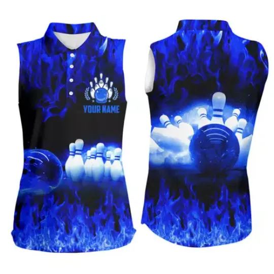 Discover Blue Flame Women Bowling Sleeveless Polo Shirts, Personalized Team Bowling Femal