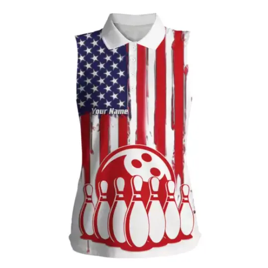 Discover Womens Bowling Sleeveless Polo Shirts Custom American Flag Bowling Ball Pins Team