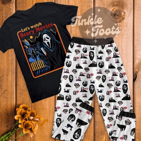 Let's Watch Scary Movies Halloween Pajamas Set, Character Horror Movie Pajamas Set, Ghostface Pajamas For Adult And Kids