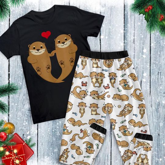 Cute Otter Pajamas Set, Personalized Family Pajamas, Family Christmas Pajamas Set.