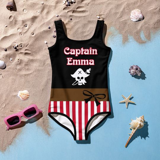 Pirate girl Personalized birthday swimsuit, pool party outfit, toddler and little kids swimsuit, pirate birthday Kids Swimsuit