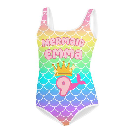 Discover Mermaid swimsuit, rainbow Personalized Birthday Girl Mermaid Swimsuit Princess Girl bathing suit, girls, preteen, teen birthday