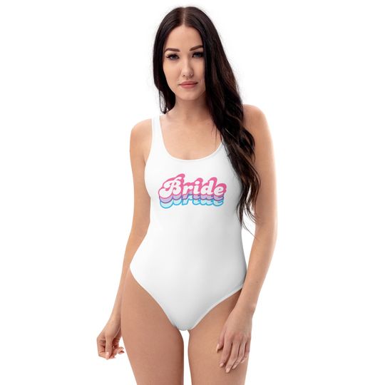 Bride Matching swimsuits, couples, bride and groom, Mr. and Mrs., retro Rainbow, honeymoon, beach wedding, bachelorette party