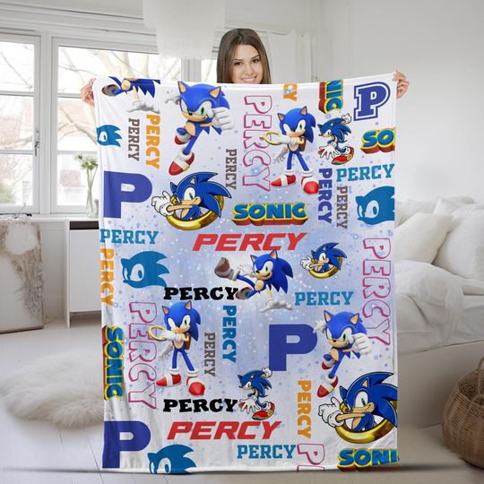 Discover Custom Sonic The Hedgehog Blanket/Personalized Cartoon Hedgehog Minky Sherpa Blanket/Custom Name Blanket/Sonic Blanket/Bday Blanket