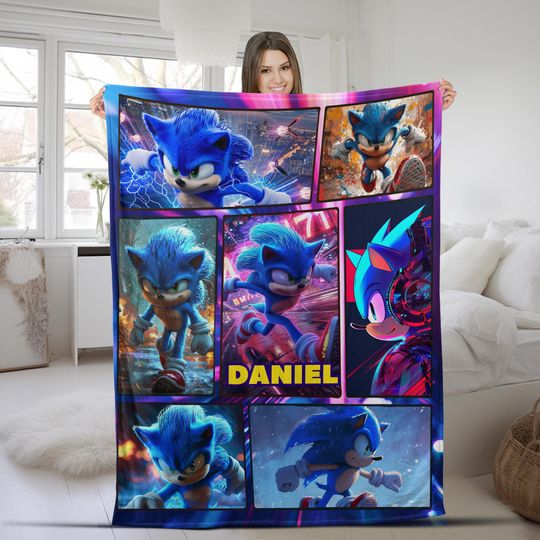 Discover Custom Sonic The Hedgehog Blanket/Personalized Cartoon Hedgehog Minky Sherpa Blanket/Custom Name Blanket/Sonic Blanket/Bday Blanket