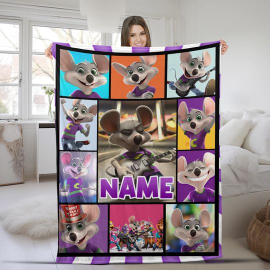 Discover Personalized Cartoon Chuck E Cheese Blanket, Cartoons Mouse Blanket, Custom Name Blanket, Birthday Gift, Mouse Cheese Blanket