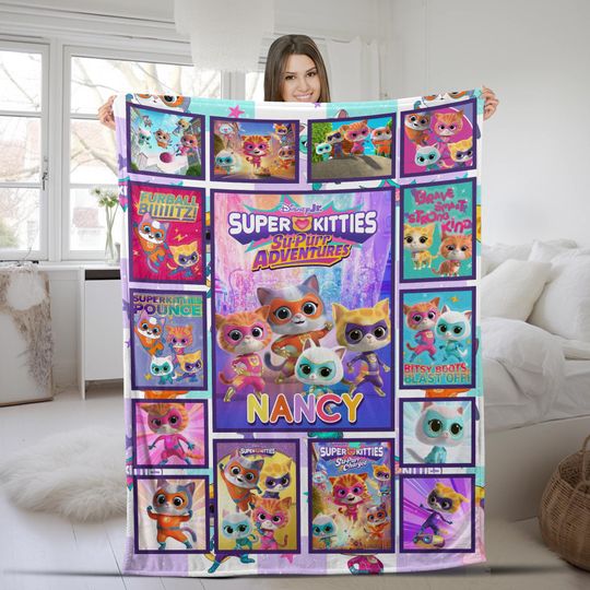 Discover Personalized Superkitties Blanket/Superkittie Birthday Blanket/Custom Super Cat Blanket/Bitsy Ginny Sparks Buddy Cat Burglar Blanket