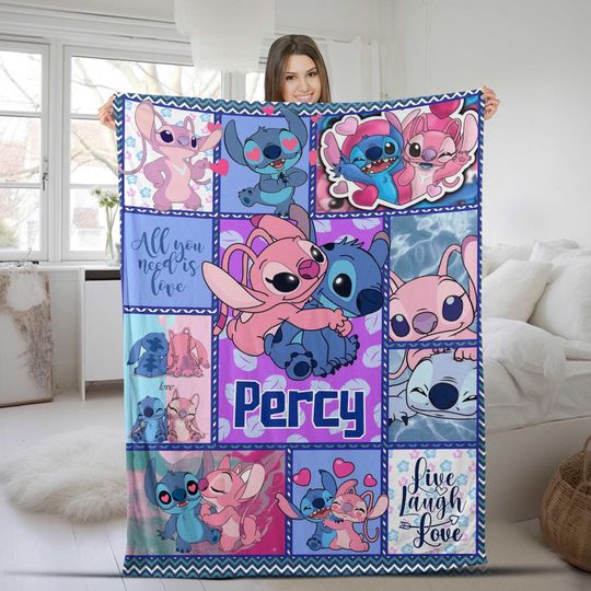 Stitch Angel Love Couple Blanket, Personalized Stitch Angel Cute Quilt, Gift For Couple, Ohana Means Family, Stitch Birthday