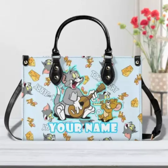 Personalized Tom And Jerry Luxury Women PU Leather Handbag, Cartoon Cat gift,