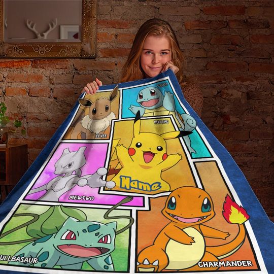 Discover Personalized Name PKM Anime Blanket, Pika Blanket, Anime Fleece Mink Sherpa Blanket, Custom Name Blanket, Newborn Gift