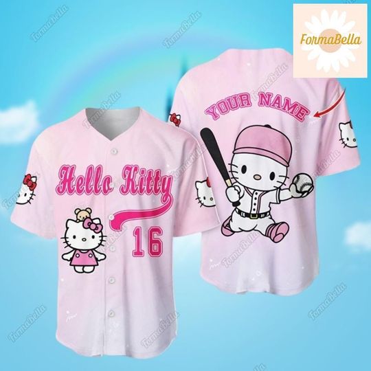 Custom Hello Kitty Baseball Jersey, Kitty Cartoon Baseball Shirt, Cute Hello Kitty Jersey, Kitty Cat Shirt, Custom Adult Kids Jersey