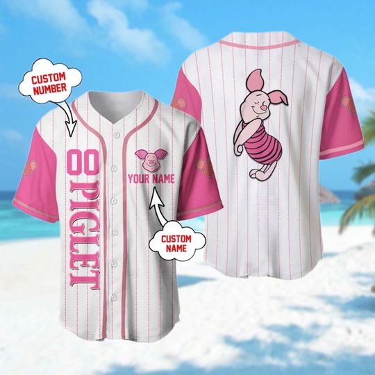 Discover Personalized Pink Pig Baseball Jersey, Cartoon Pig Animal Character Baseball Shirt, Magic Kingdom Group Matching Tee, Birthday Gift For Kid