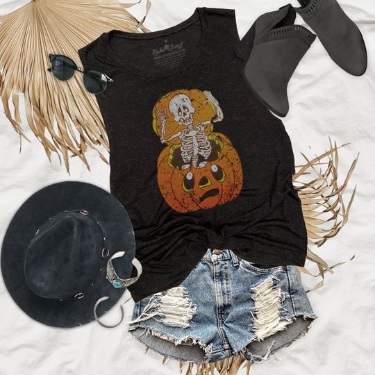Discover Skeleton Jack o Lantern Vintage Halloween Flowy Festival Muscle Tank Top