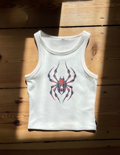 Ribbed tank top with tartan spider, ribbed fabric, rock and roll, alternative