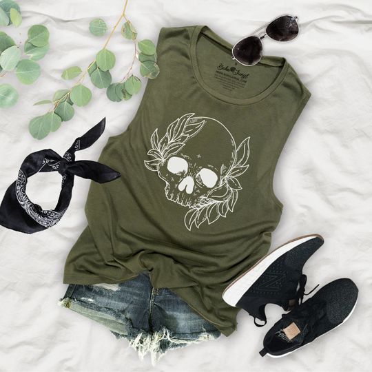 Discover Skull and Leaves Vintage Halloween Flowy Festival Muscle Tank Top