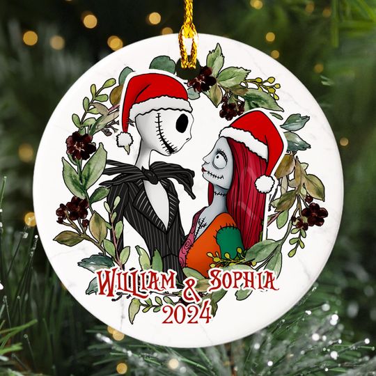 Personalized Nightmare Movie Christmas Ornament, Couple Santa Hat Customized 2024 Christmas Tree Decor, His And Her Xmas Gift For Lover