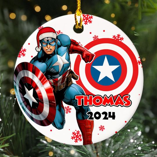 Personalized Captain Hero Christmas Ornament, Superhero Customized 2024 Christmas Tree Decor, Captain Santa Hat Xmas Gift For Kid