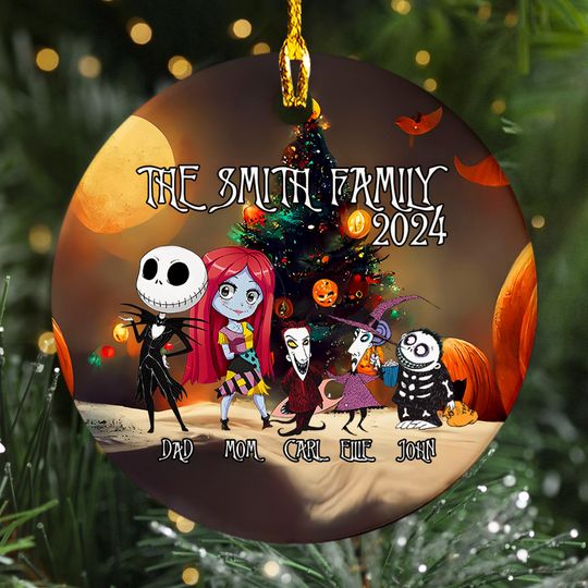 Discover Personalized Nightmare Christmas Ornament, Halloween Custom 2024 Christmas Tree Decor Gift For Kid, Skeleton Family Christmas Gift