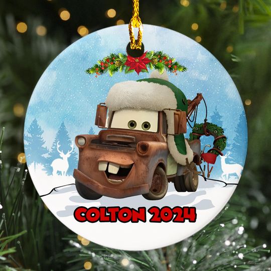 Discover Personalized Racing Car Christmas Ornament, Customized 2024 Christmas Tree Decor, Brown Car Character Gift For Kid, Car Lover Xmas Keepsake