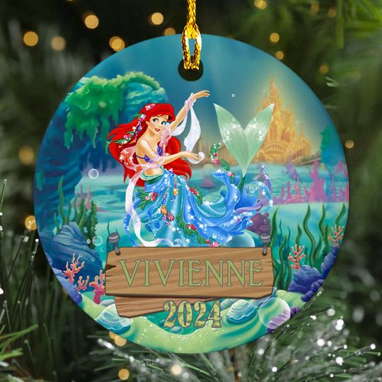 Discover Personalized Princess Mermaid Ceramic Christmas Ornament, Princess Customized 2024 Christmas Tree Decor, Mermaid Princess Xmas Gift For Kid