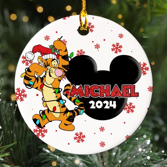 Discover Personalized Tiger Christmas Ornament, Funny Tiger Customized 2024 Christmas Tree Decor, Mouse Ears Tiger Character Xmas Gift For Kid
