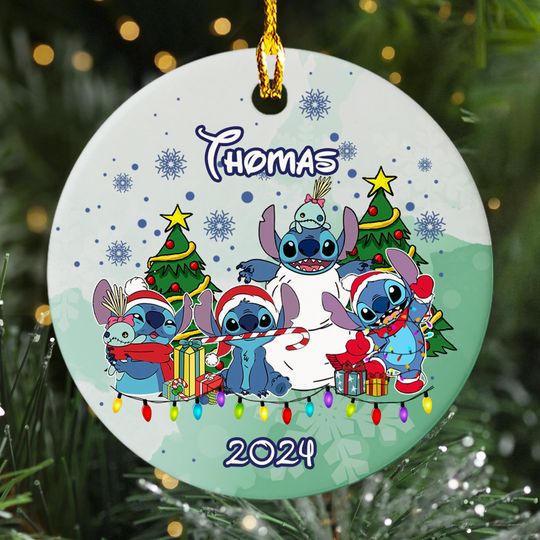 Discover Personalized Stitchmas Ceramic Christmas Ornament, Blue Monster Customized 2024 Christmas Tree Decor, Alien Dog Santa Xmas Gift For Kid