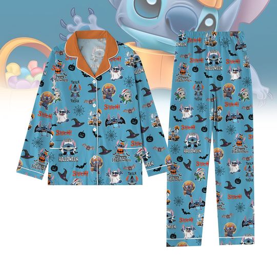 Halloween Stitch Pajamas Set, Stitch Boo Holiday Pajamas, Disney Halloween 2024 Party Shirt, Spooky Season Pjs, Stitch Horror Pajamas