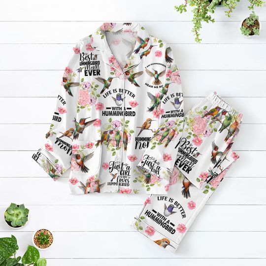 Discover Hummingbird Pajamas Set, Animal Lover Gift, Floral Hummingbird Pajamas, Cute Hummingbird Pjs, Long Sleeve Pyjamas, Mom Gift, Bird Pjs