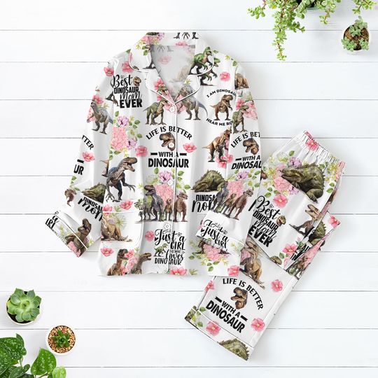 Dinosaur Pajamas, Cute Dinosaur Pjs Set For Her, T-Rex Holiday Pajamas, Dino Graphic Shirt, Pajamas For Party, Long Sleeve Pyjamas