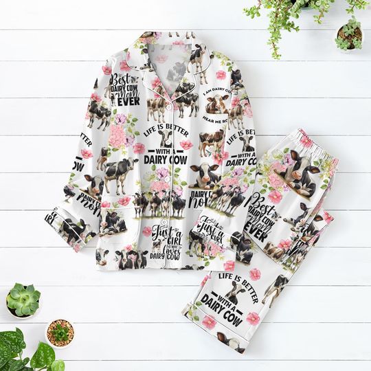 Dairy Cow Pajamas Set, Cute Cow Pajamas For Women, Farm Animal Pjs, Gifts For Farmers, Long Sleeve Pyjamas, Cattle Graphic Shirt