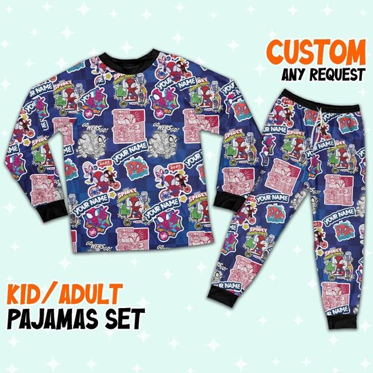 Personalized Spidey and His Amazing Friends Spidey Comic Sticker cute Birthday Pajamas, Holiday Matching Pajamas