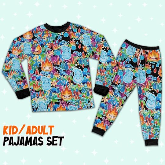 Discover Elemental Ember And Wade Synthwave Summer Floral Pajamas Set, Elemental Pajamas, Christmas Party Gift, Elemental Movie Family Matching Shirt