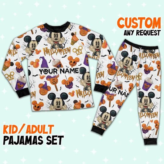 Discover Custom Disney Mickey Halloween Pumpkin Simple Pajamas Set, Cartoon Pajamas Set, Halloween Party, Disney Birthday Gift