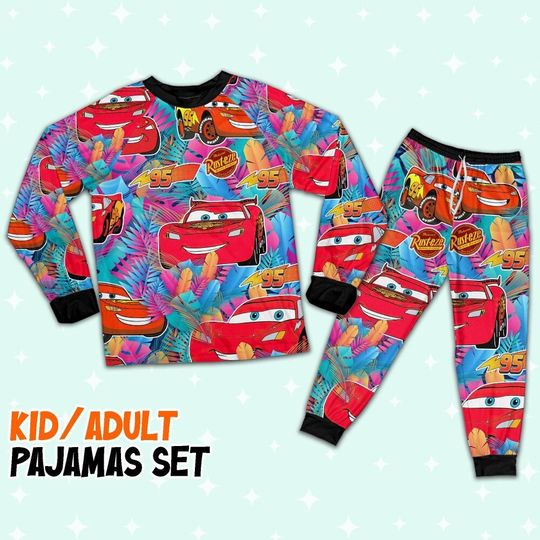 Discover Disney Pixar Cars Lightning McQueen Colorful Floral Summer Pattern Pajamas Set, Disney Birthday Gift, Cars Matching Pajamas, Holiday Vacay