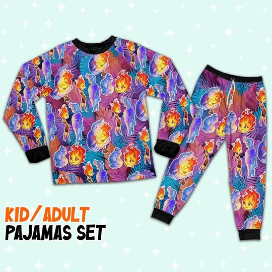 Disney Pixar Elemental Colorful Summer Tropical Pajamas Set, Disney Birthday Gift, Elemental Matching Pajamas, Holiday Vacay, Magic Kingdom