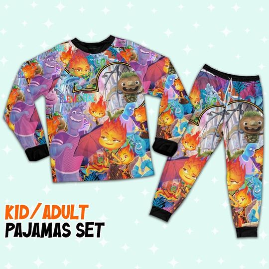 Disney Pixar Elemental Ember And Wade Umbrella Tropical Summer Pajamas Set, Disney Birthday Gift, Elemental Matching Pajamas, Holiday Vacay