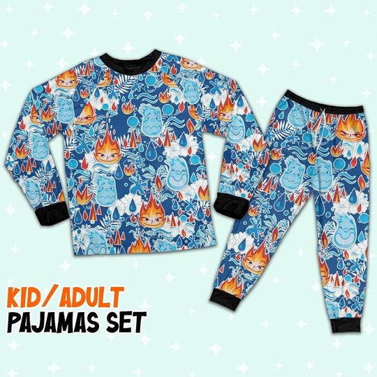 Disney Pixar Seamless Elemental Ember And Wade Summer Beach Tropical Blue Pajamas Set, Disney Birthday Gift, Elemental Matching Pajamas