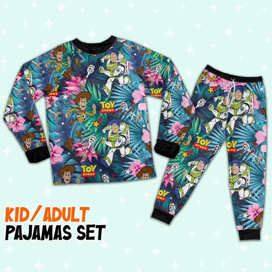 Disney Toy Story Woody Buzz Lightyear Forky Tropical Pattern Pajamas Set, Disney Toy Story Pajamas, Woody And Friends Cute Pajamas